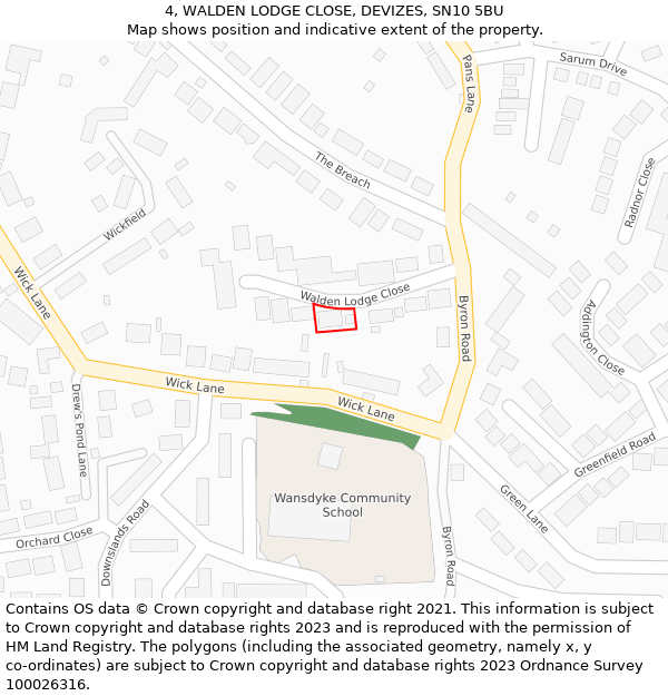 4, WALDEN LODGE CLOSE, DEVIZES, SN10 5BU: Location map and indicative extent of plot