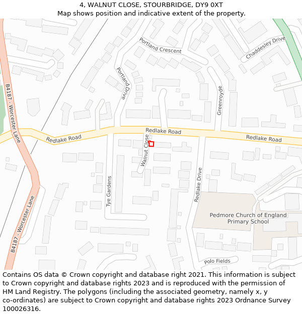 4, WALNUT CLOSE, STOURBRIDGE, DY9 0XT: Location map and indicative extent of plot