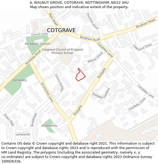 4, WALNUT GROVE, COTGRAVE, NOTTINGHAM, NG12 3AU: Location map and indicative extent of plot