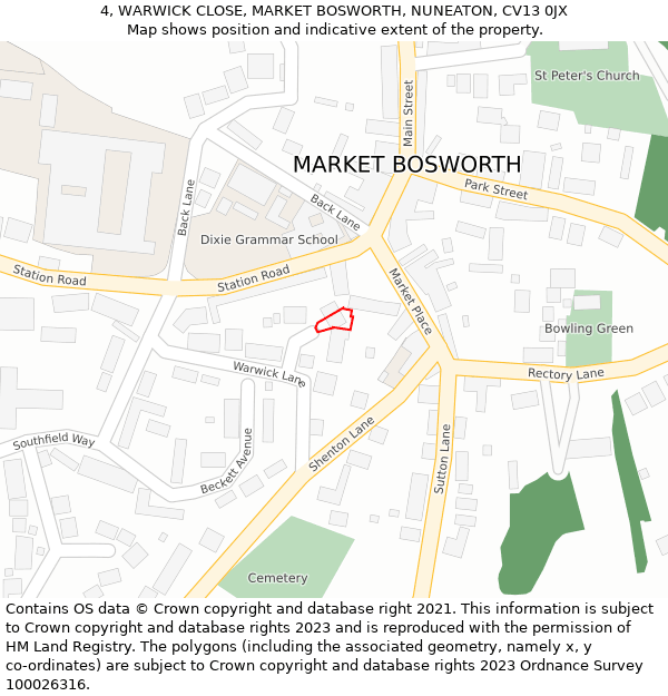 4, WARWICK CLOSE, MARKET BOSWORTH, NUNEATON, CV13 0JX: Location map and indicative extent of plot