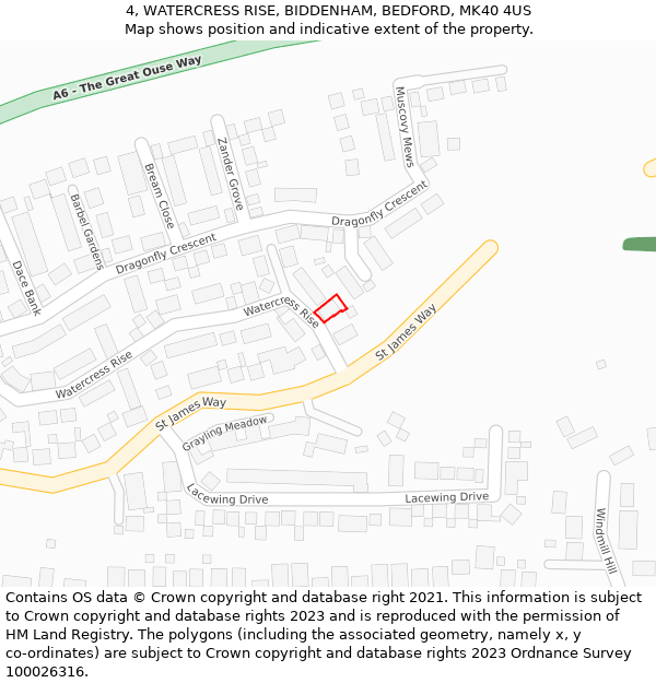 4, WATERCRESS RISE, BIDDENHAM, BEDFORD, MK40 4US: Location map and indicative extent of plot