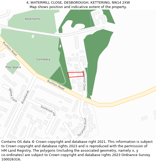4, WATERMILL CLOSE, DESBOROUGH, KETTERING, NN14 2XW: Location map and indicative extent of plot