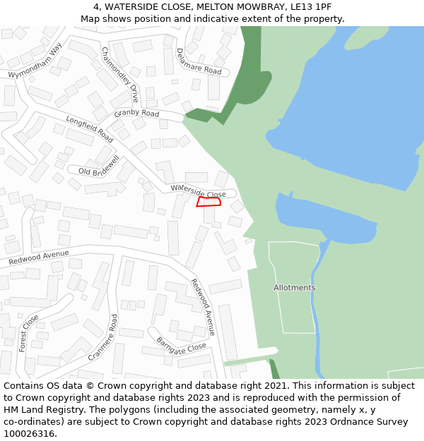 4, WATERSIDE CLOSE, MELTON MOWBRAY, LE13 1PF: Location map and indicative extent of plot