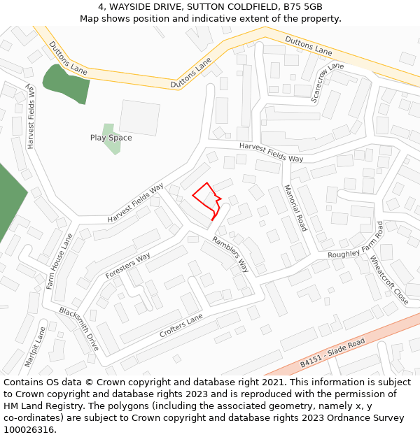 4, WAYSIDE DRIVE, SUTTON COLDFIELD, B75 5GB: Location map and indicative extent of plot