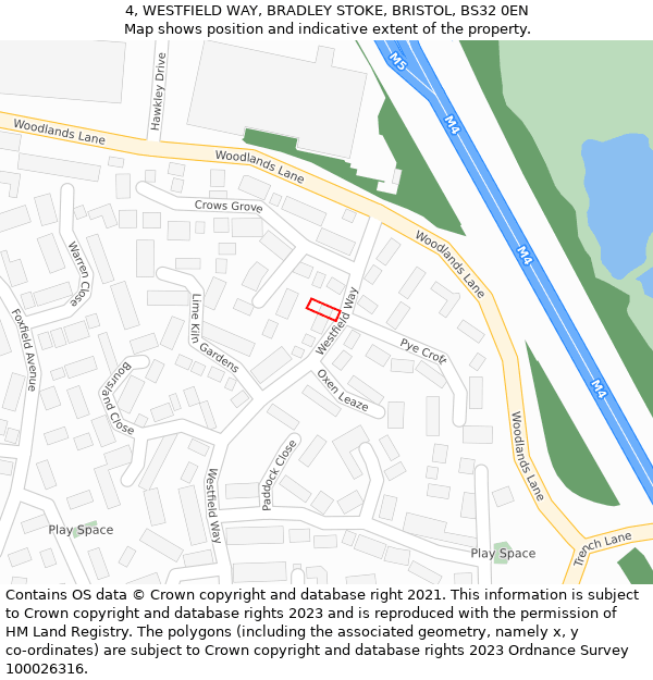 4, WESTFIELD WAY, BRADLEY STOKE, BRISTOL, BS32 0EN: Location map and indicative extent of plot