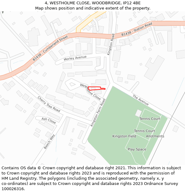 4, WESTHOLME CLOSE, WOODBRIDGE, IP12 4BE: Location map and indicative extent of plot