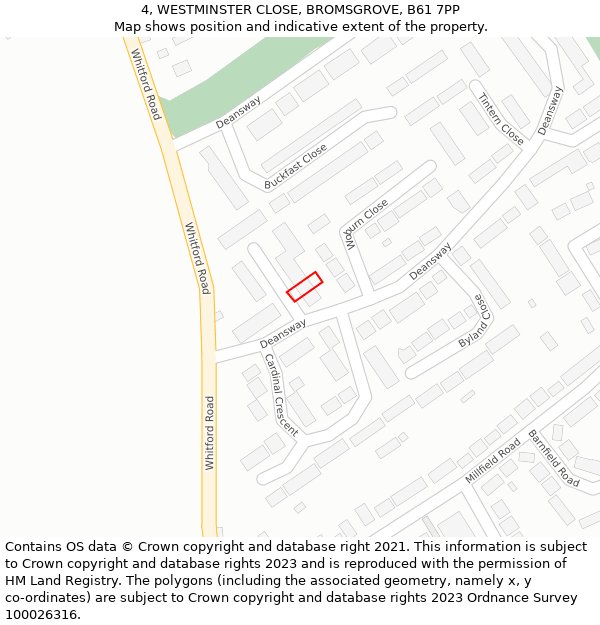 4, WESTMINSTER CLOSE, BROMSGROVE, B61 7PP: Location map and indicative extent of plot