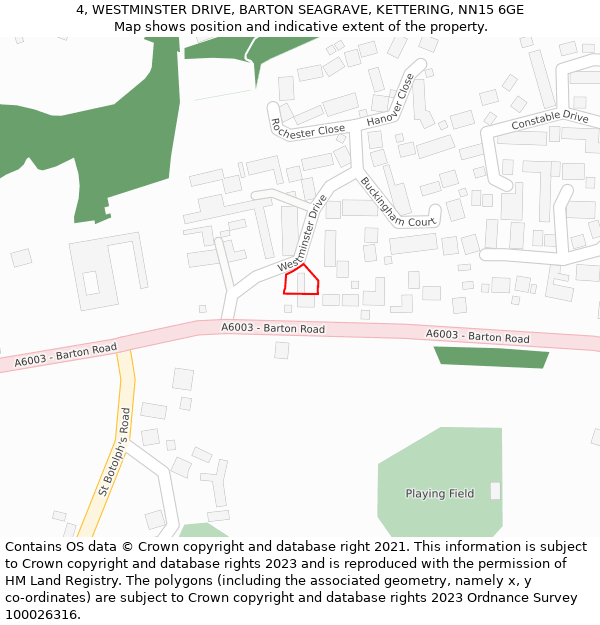 4, WESTMINSTER DRIVE, BARTON SEAGRAVE, KETTERING, NN15 6GE: Location map and indicative extent of plot
