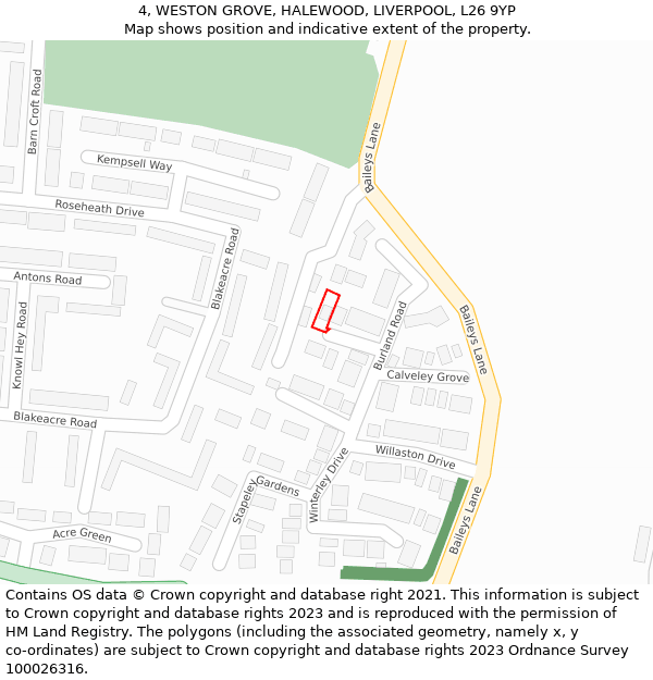 4, WESTON GROVE, HALEWOOD, LIVERPOOL, L26 9YP: Location map and indicative extent of plot