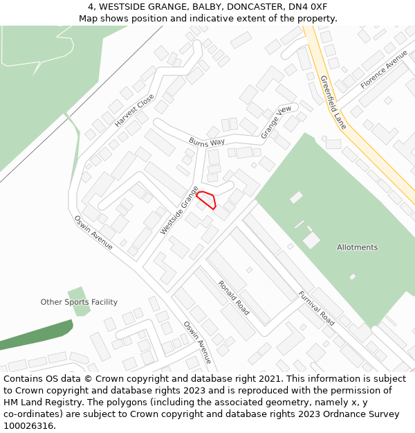 4, WESTSIDE GRANGE, BALBY, DONCASTER, DN4 0XF: Location map and indicative extent of plot