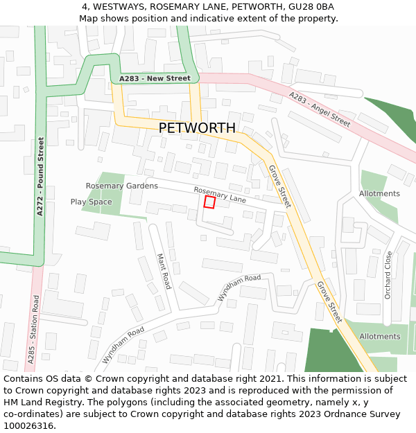 4, WESTWAYS, ROSEMARY LANE, PETWORTH, GU28 0BA: Location map and indicative extent of plot