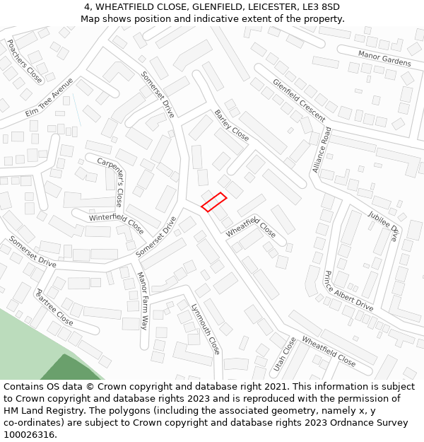 4, WHEATFIELD CLOSE, GLENFIELD, LEICESTER, LE3 8SD: Location map and indicative extent of plot