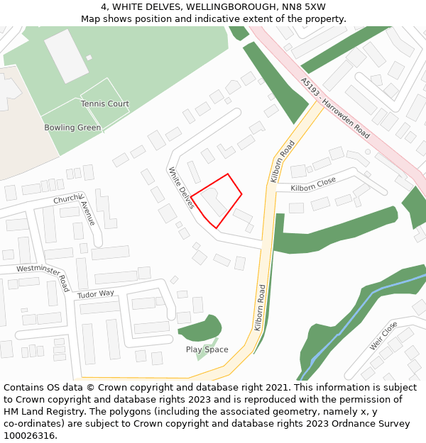 4, WHITE DELVES, WELLINGBOROUGH, NN8 5XW: Location map and indicative extent of plot