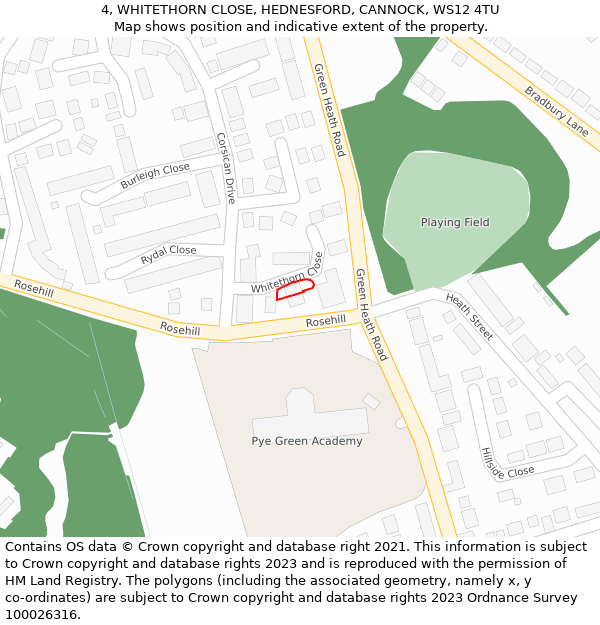 4, WHITETHORN CLOSE, HEDNESFORD, CANNOCK, WS12 4TU: Location map and indicative extent of plot