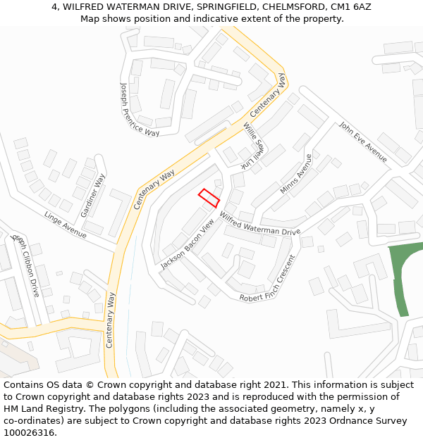 4, WILFRED WATERMAN DRIVE, SPRINGFIELD, CHELMSFORD, CM1 6AZ: Location map and indicative extent of plot