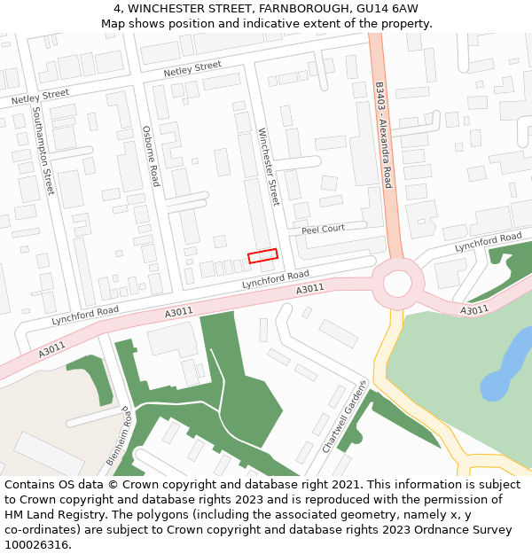 4, WINCHESTER STREET, FARNBOROUGH, GU14 6AW: Location map and indicative extent of plot