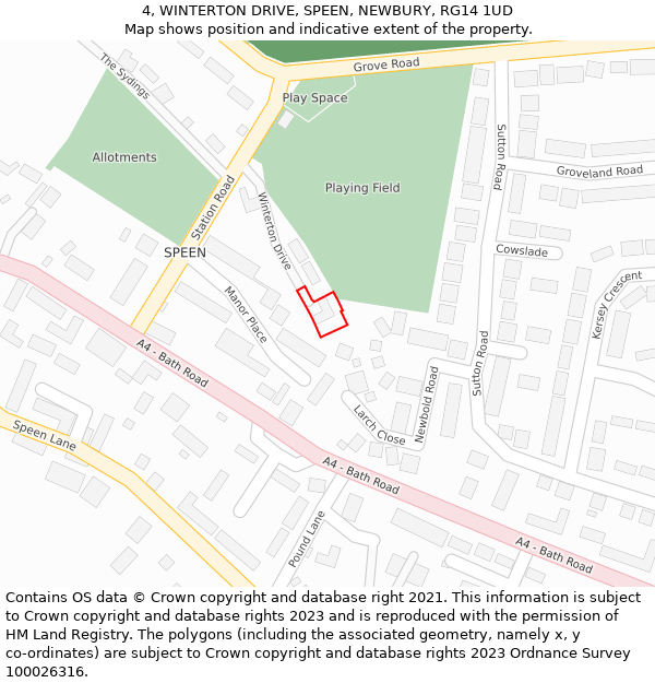 4, WINTERTON DRIVE, SPEEN, NEWBURY, RG14 1UD: Location map and indicative extent of plot
