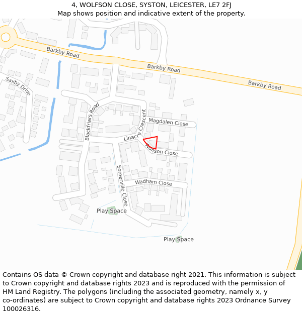 4, WOLFSON CLOSE, SYSTON, LEICESTER, LE7 2FJ: Location map and indicative extent of plot