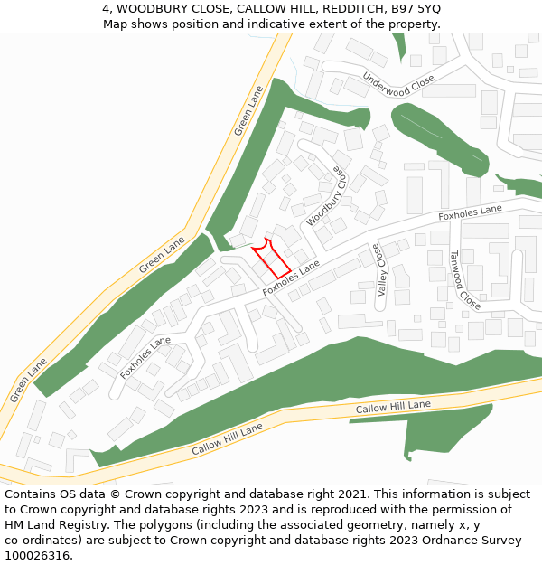 4, WOODBURY CLOSE, CALLOW HILL, REDDITCH, B97 5YQ: Location map and indicative extent of plot