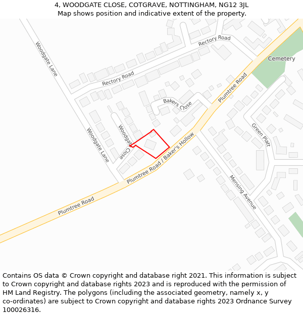 4, WOODGATE CLOSE, COTGRAVE, NOTTINGHAM, NG12 3JL: Location map and indicative extent of plot