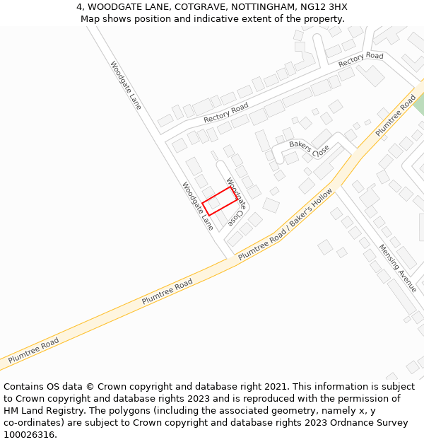 4, WOODGATE LANE, COTGRAVE, NOTTINGHAM, NG12 3HX: Location map and indicative extent of plot