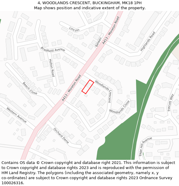 4, WOODLANDS CRESCENT, BUCKINGHAM, MK18 1PH: Location map and indicative extent of plot