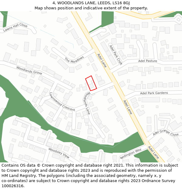 4, WOODLANDS LANE, LEEDS, LS16 8GJ: Location map and indicative extent of plot