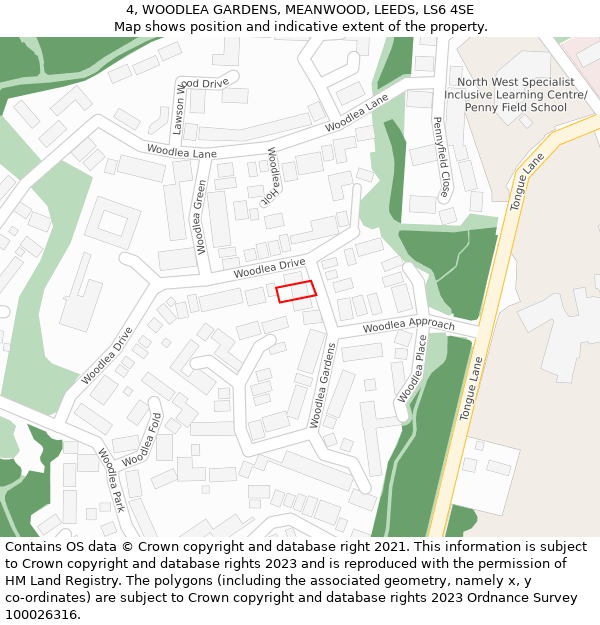 4, WOODLEA GARDENS, MEANWOOD, LEEDS, LS6 4SE: Location map and indicative extent of plot