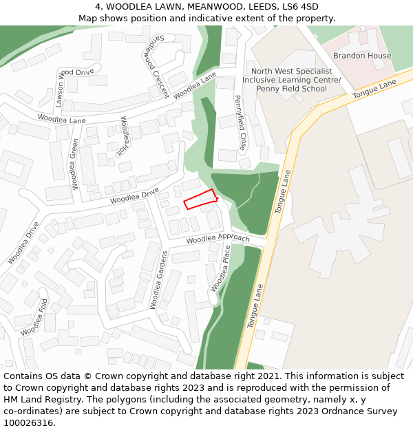 4, WOODLEA LAWN, MEANWOOD, LEEDS, LS6 4SD: Location map and indicative extent of plot