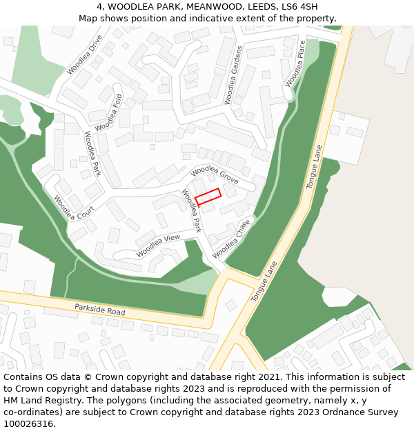 4, WOODLEA PARK, MEANWOOD, LEEDS, LS6 4SH: Location map and indicative extent of plot
