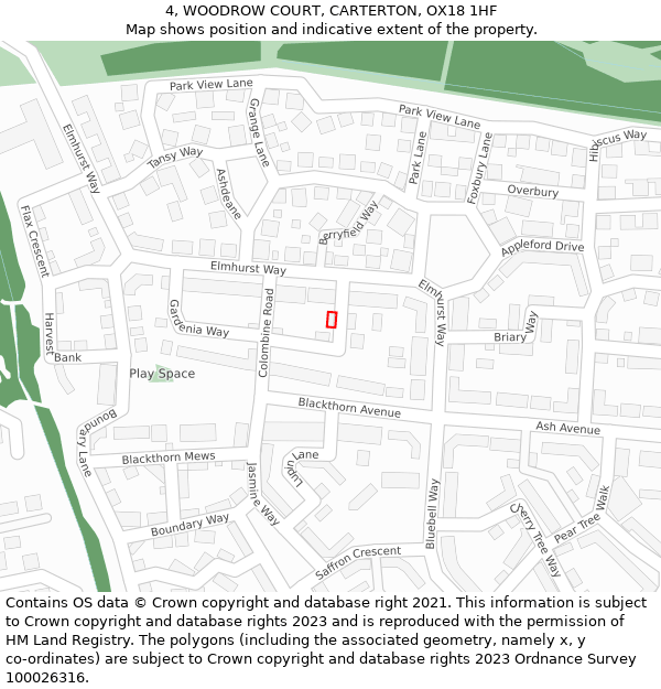 4, WOODROW COURT, CARTERTON, OX18 1HF: Location map and indicative extent of plot