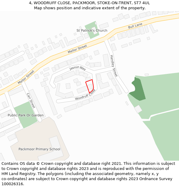 4, WOODRUFF CLOSE, PACKMOOR, STOKE-ON-TRENT, ST7 4UL: Location map and indicative extent of plot