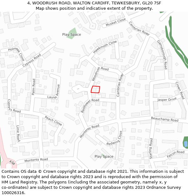 4, WOODRUSH ROAD, WALTON CARDIFF, TEWKESBURY, GL20 7SF: Location map and indicative extent of plot