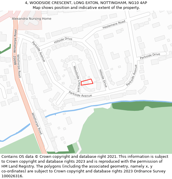 4, WOODSIDE CRESCENT, LONG EATON, NOTTINGHAM, NG10 4AP: Location map and indicative extent of plot