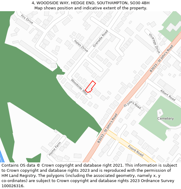 4, WOODSIDE WAY, HEDGE END, SOUTHAMPTON, SO30 4BH: Location map and indicative extent of plot