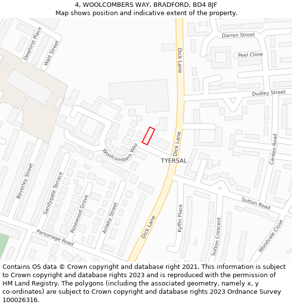 4, WOOLCOMBERS WAY, BRADFORD, BD4 8JF: Location map and indicative extent of plot