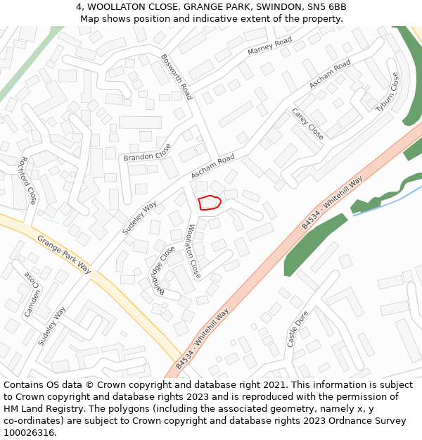 4, WOOLLATON CLOSE, GRANGE PARK, SWINDON, SN5 6BB: Location map and indicative extent of plot