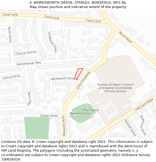 4, WORDSWORTH GROVE, STANLEY, WAKEFIELD, WF3 4JL: Location map and indicative extent of plot