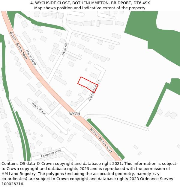 4, WYCHSIDE CLOSE, BOTHENHAMPTON, BRIDPORT, DT6 4SX: Location map and indicative extent of plot