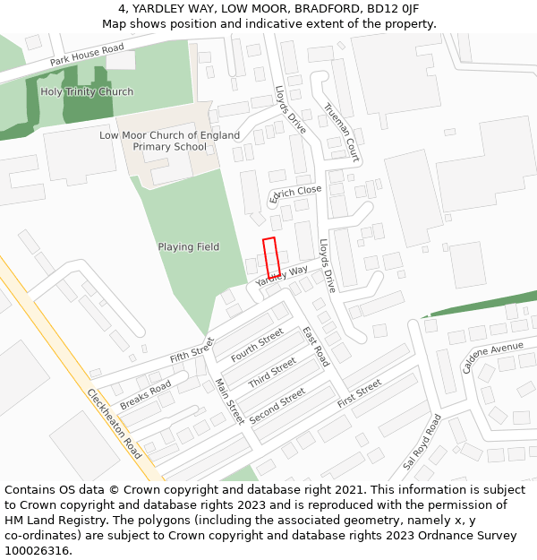 4, YARDLEY WAY, LOW MOOR, BRADFORD, BD12 0JF: Location map and indicative extent of plot