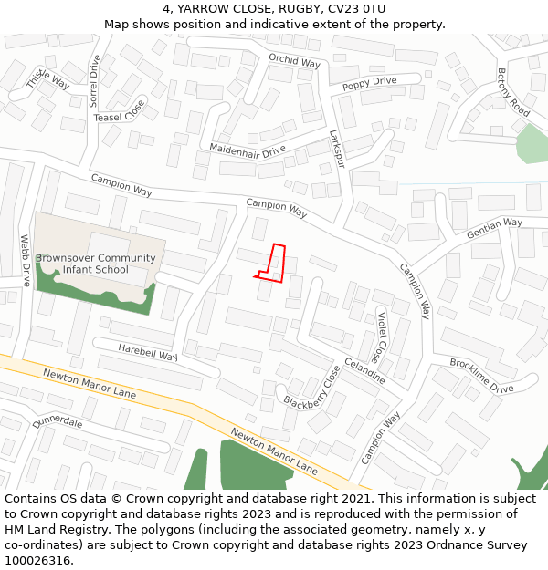 4, YARROW CLOSE, RUGBY, CV23 0TU: Location map and indicative extent of plot