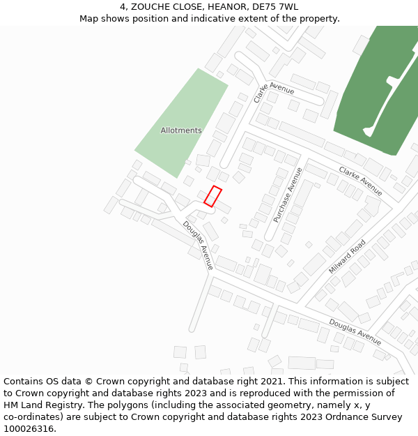 4, ZOUCHE CLOSE, HEANOR, DE75 7WL: Location map and indicative extent of plot