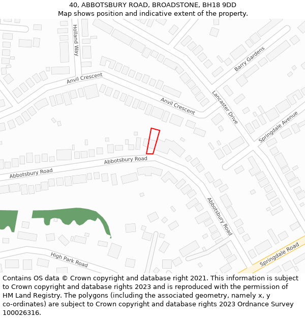 40, ABBOTSBURY ROAD, BROADSTONE, BH18 9DD: Location map and indicative extent of plot