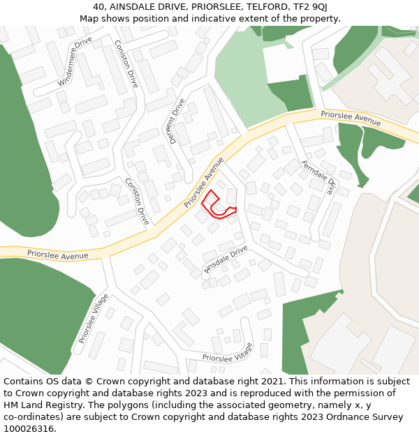 40, AINSDALE DRIVE, PRIORSLEE, TELFORD, TF2 9QJ: Location map and indicative extent of plot