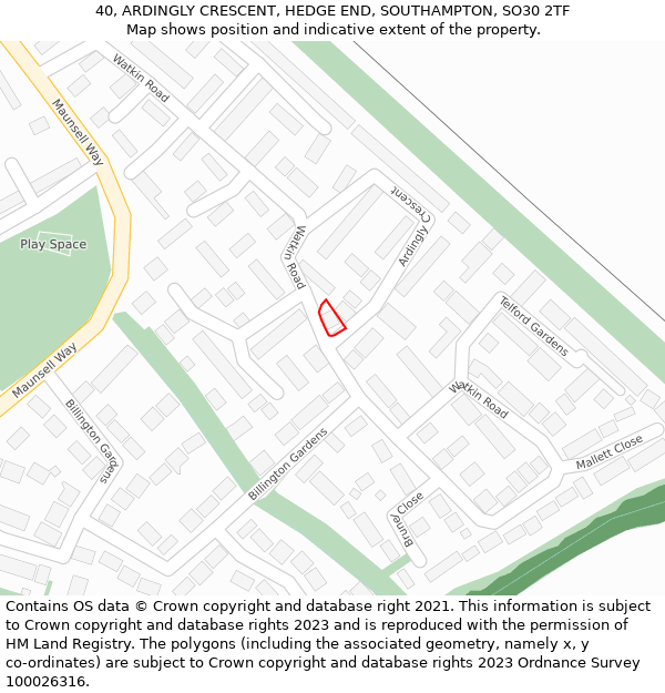 40, ARDINGLY CRESCENT, HEDGE END, SOUTHAMPTON, SO30 2TF: Location map and indicative extent of plot