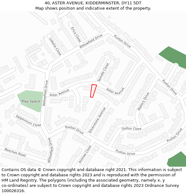 40, ASTER AVENUE, KIDDERMINSTER, DY11 5DT: Location map and indicative extent of plot