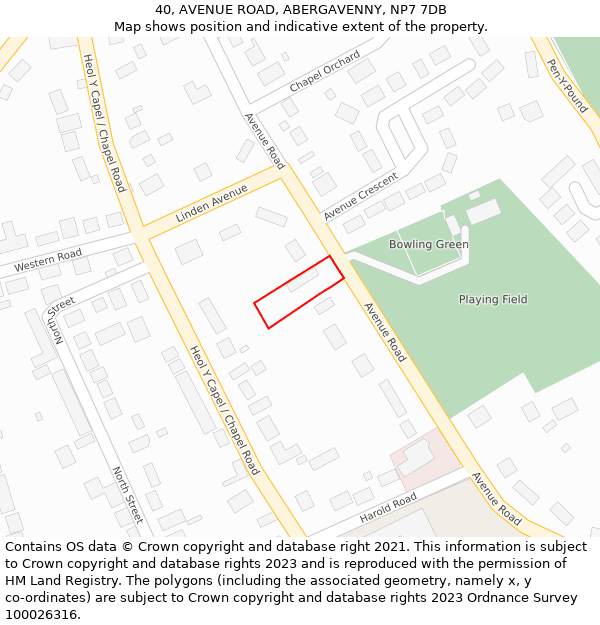 40, AVENUE ROAD, ABERGAVENNY, NP7 7DB: Location map and indicative extent of plot