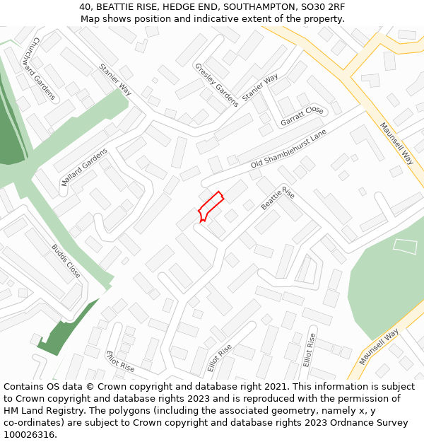 40, BEATTIE RISE, HEDGE END, SOUTHAMPTON, SO30 2RF: Location map and indicative extent of plot