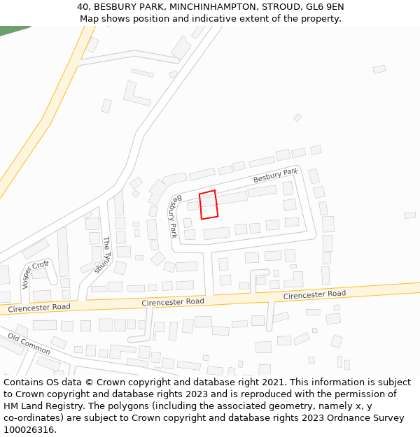 40, BESBURY PARK, MINCHINHAMPTON, STROUD, GL6 9EN: Location map and indicative extent of plot