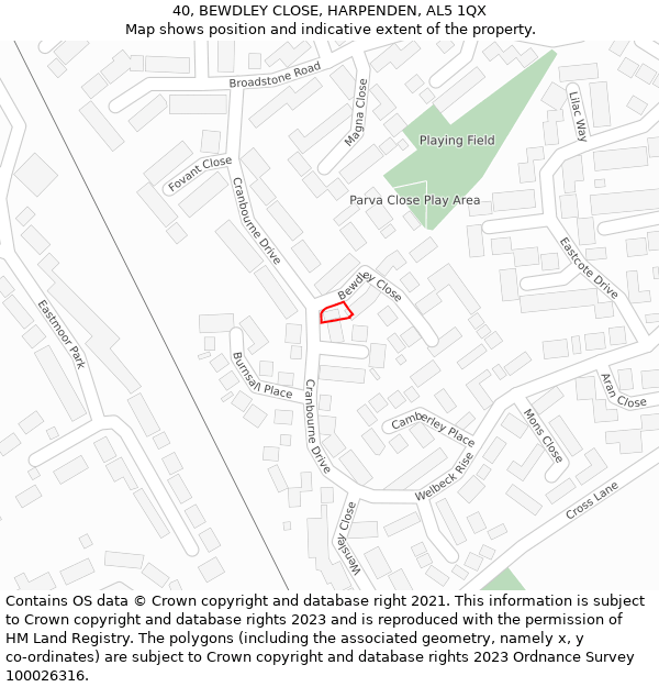 40, BEWDLEY CLOSE, HARPENDEN, AL5 1QX: Location map and indicative extent of plot